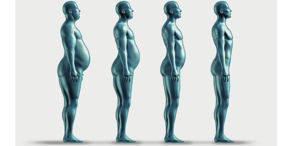 4 images of a man slowly slimming down losing weight over time. Showing how slow weight loss is better than fad diets