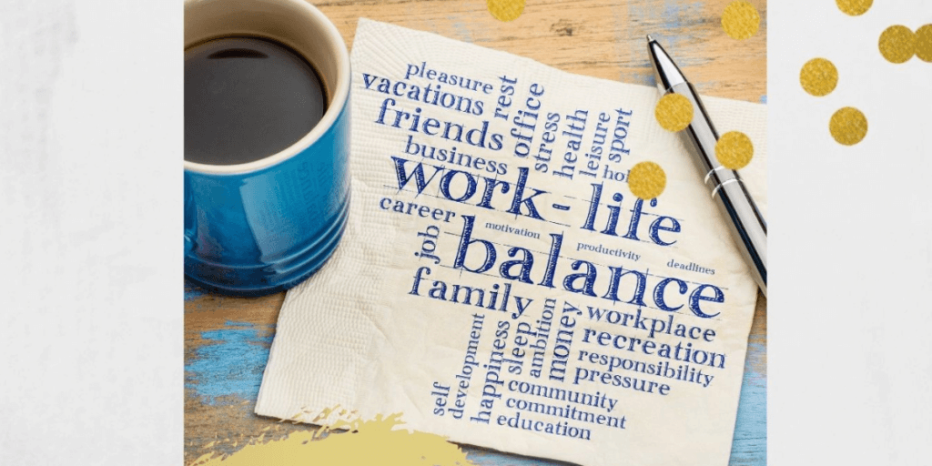a coffee mug on a table with a flyer that shows work life balance referencing how it can help employee wellness