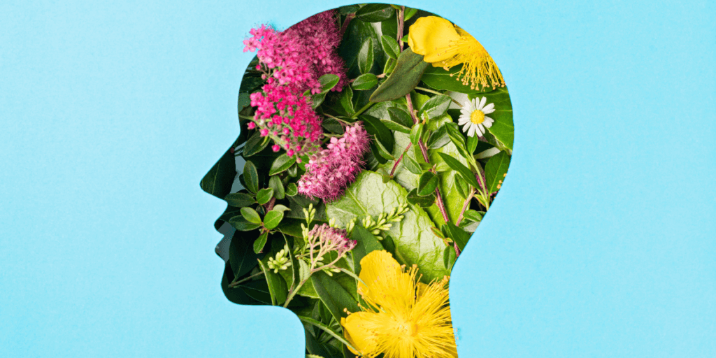 a human head outline filled with leafs and flowers demonestrating mental health