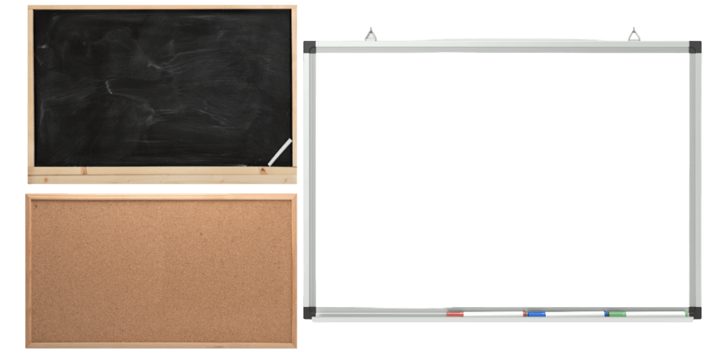chalkboard, cork board and a white board showing materials of a nutrition board