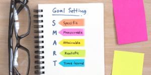 a notepad on a table with stickers that say SMART demonstrating goals for a nutrition program review