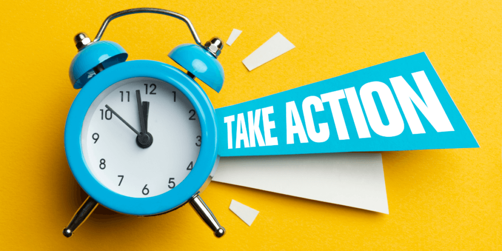 clock with a sign that says take action